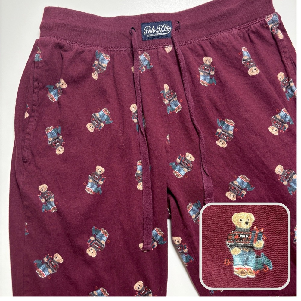 Polo Ralph Lauren Polo Bear Pajama Sleep Pants Joggers Sz Small Burgundy Maroon